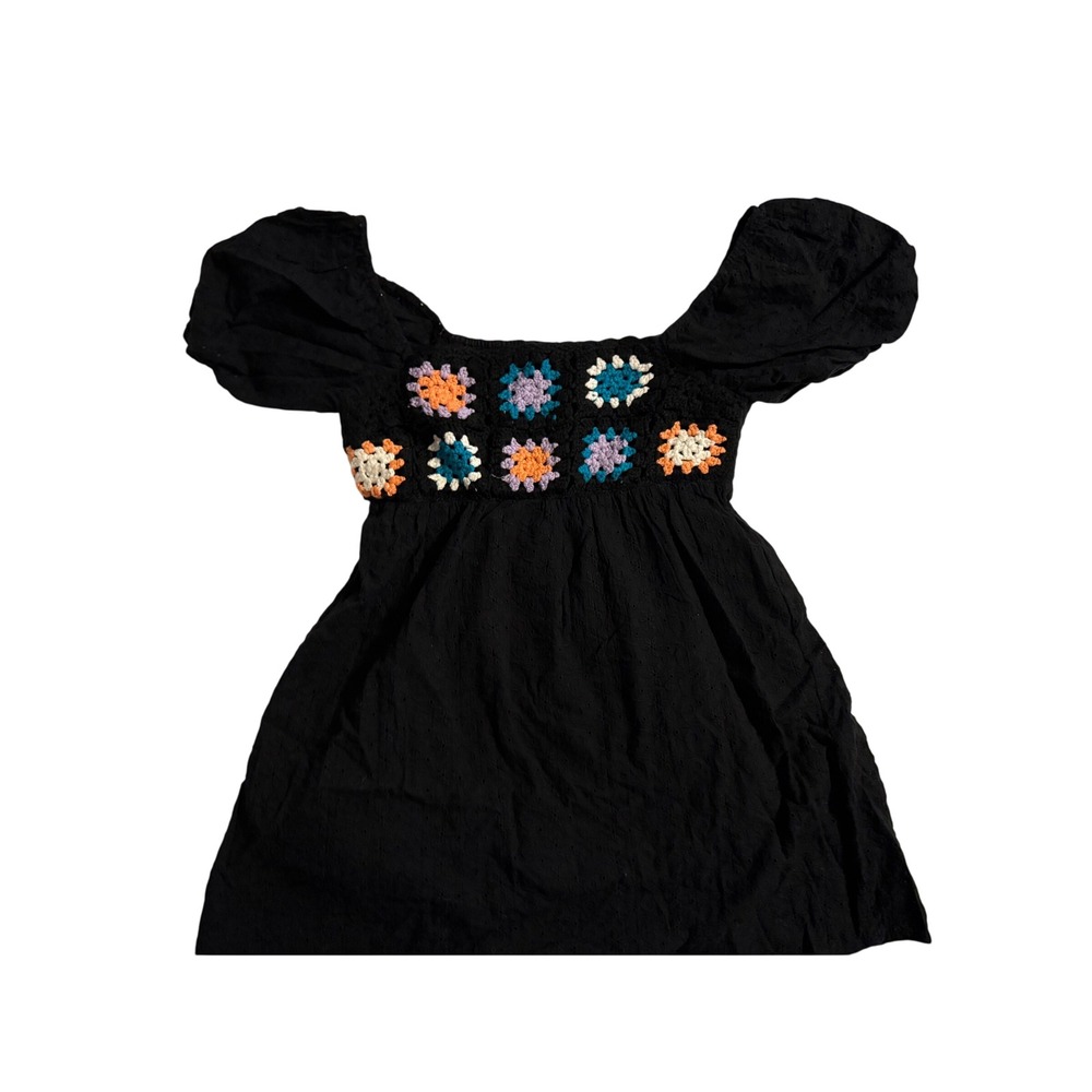Le Lis Collection Black Eyelet Mini Dress Crochet Granny Square Boho Small